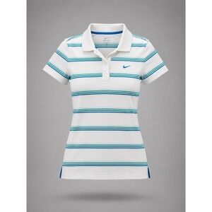 Nike Dri-FIT Womens Striped Polo Shirt White Teal Blue Short Sleeve Size S